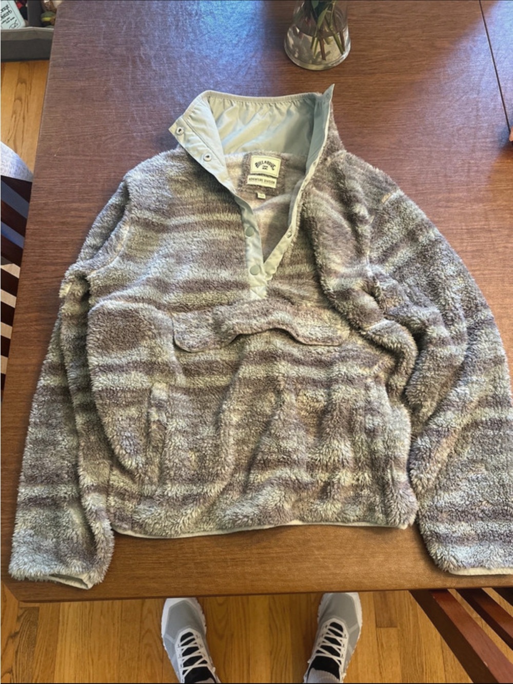 Billabong Plush Striped Cowl Pullover - Gray and Cream